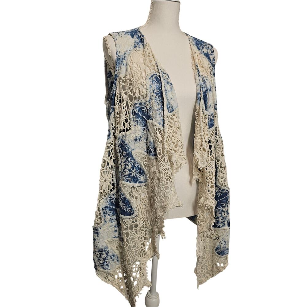 Chicos Hippie Tie Dye Blue Boho Lace Embroidered Festival Open Vest Size‎ Large - Picture 3 of 9